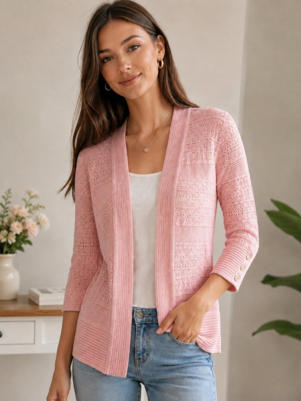 NWT Venini Pointelle Open Front Cardigan Sweater Pink S
